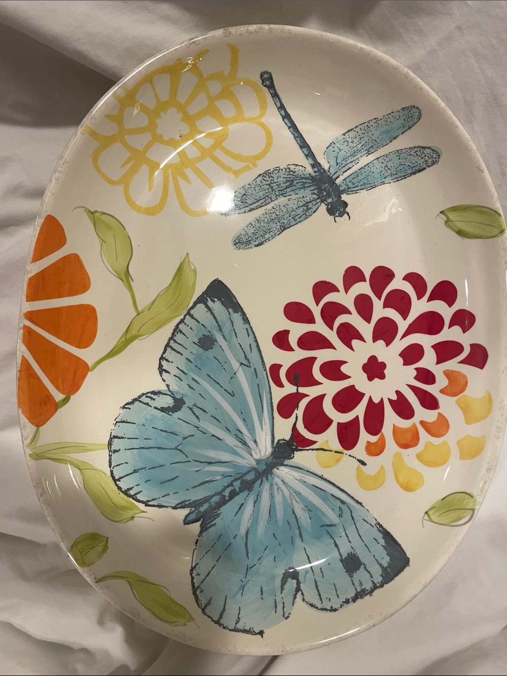 Coldwater Creek Garden Flight Hand-Painted Ceramic Platter - White